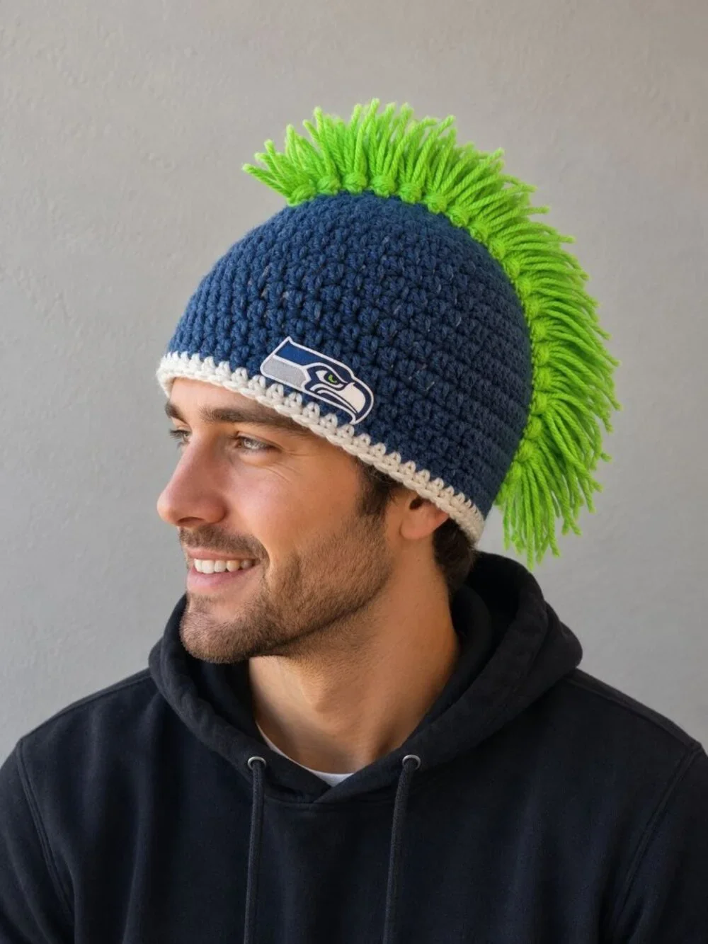 hand-crocheted Seattle Seahawks beanie blue yarn, a white brim, bright green Hat